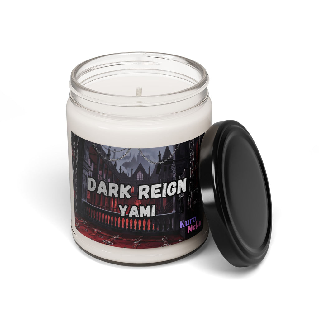 Bougie Anime YAMI dans un pot en verre avec étiquette DARK REIGN, idéale pour une ambiance mystérieuse.