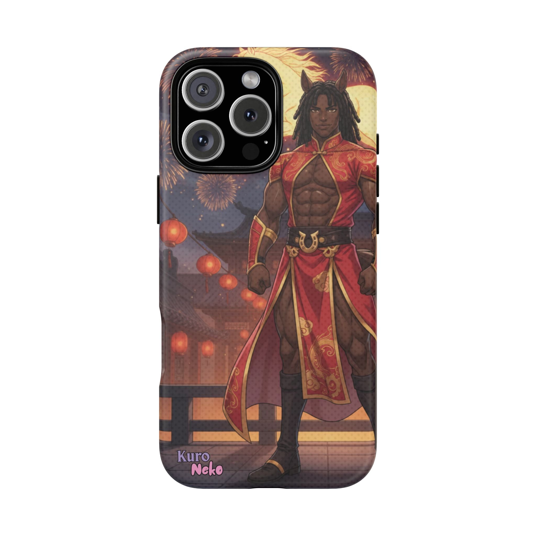 Coque anime RYO Année du Cheval vue arrière design kemonomimi husbando rouge or
