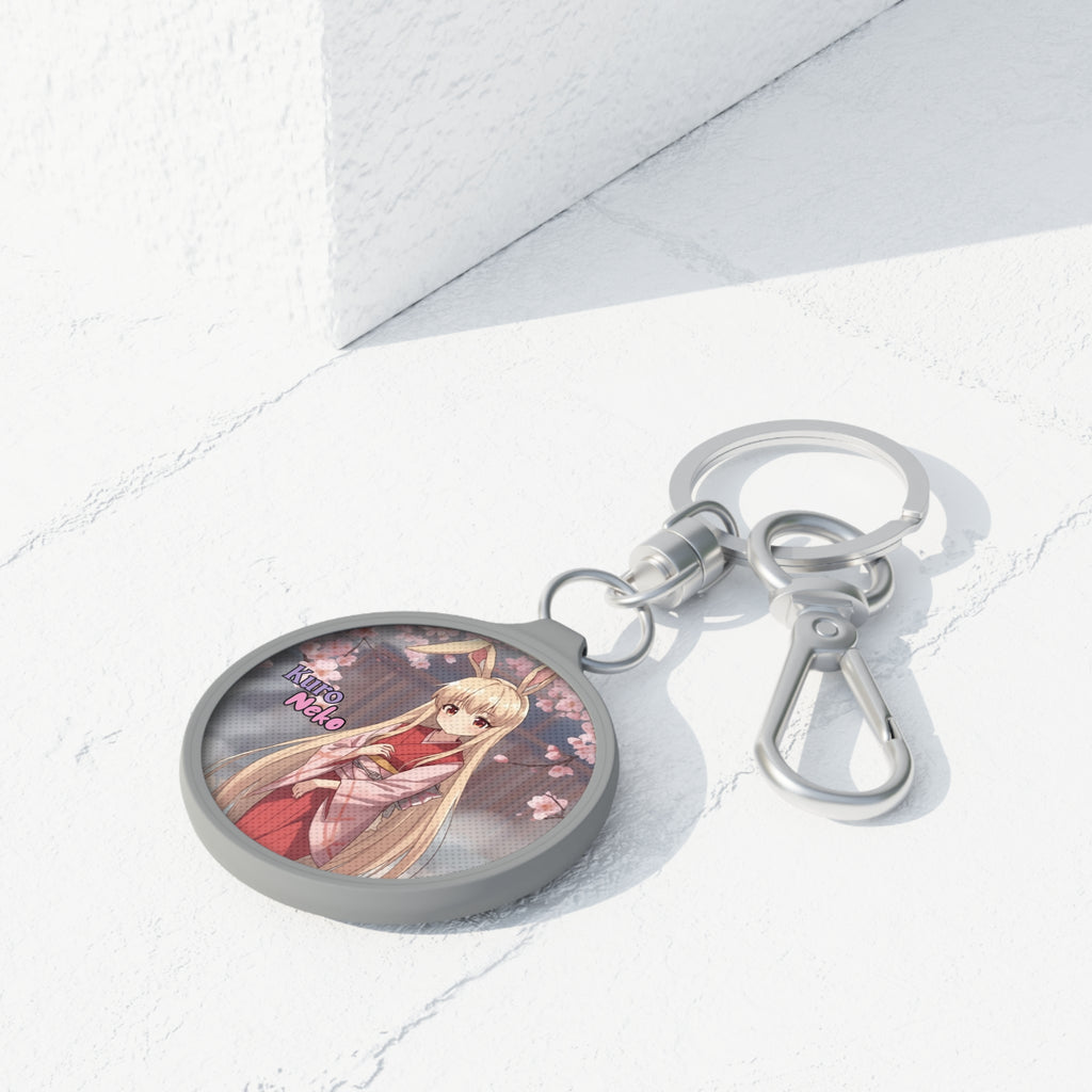 Porte-clés Anime HARU avec lapine kemonomimi dans un design pastel de fleurs de cerisier.