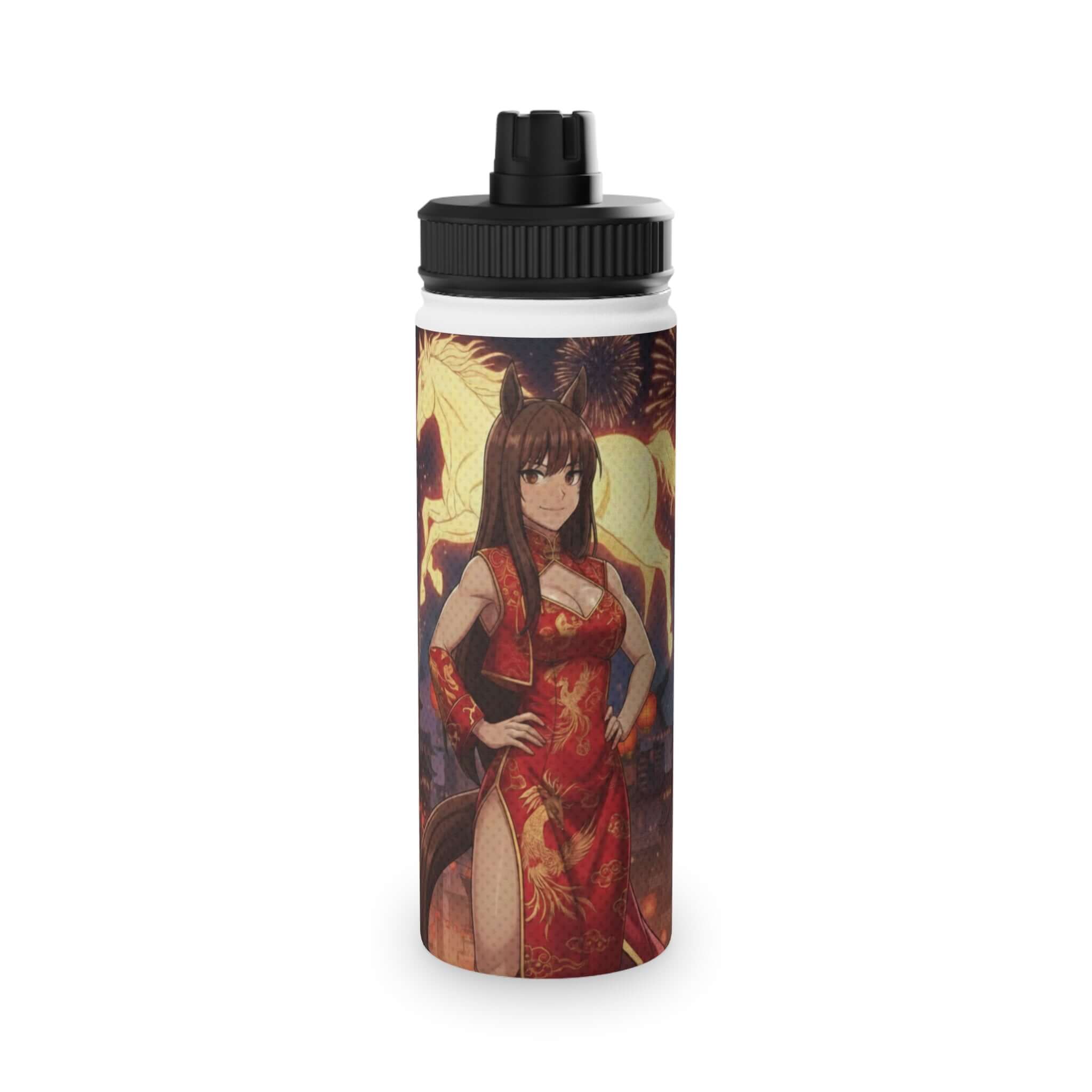 Gourde Isotherme Anime AKARI Cheval de Feu - gourde rouge avec illustration d'Akari réinventant l'Année du Cheval de Feu, design anime pour otaku