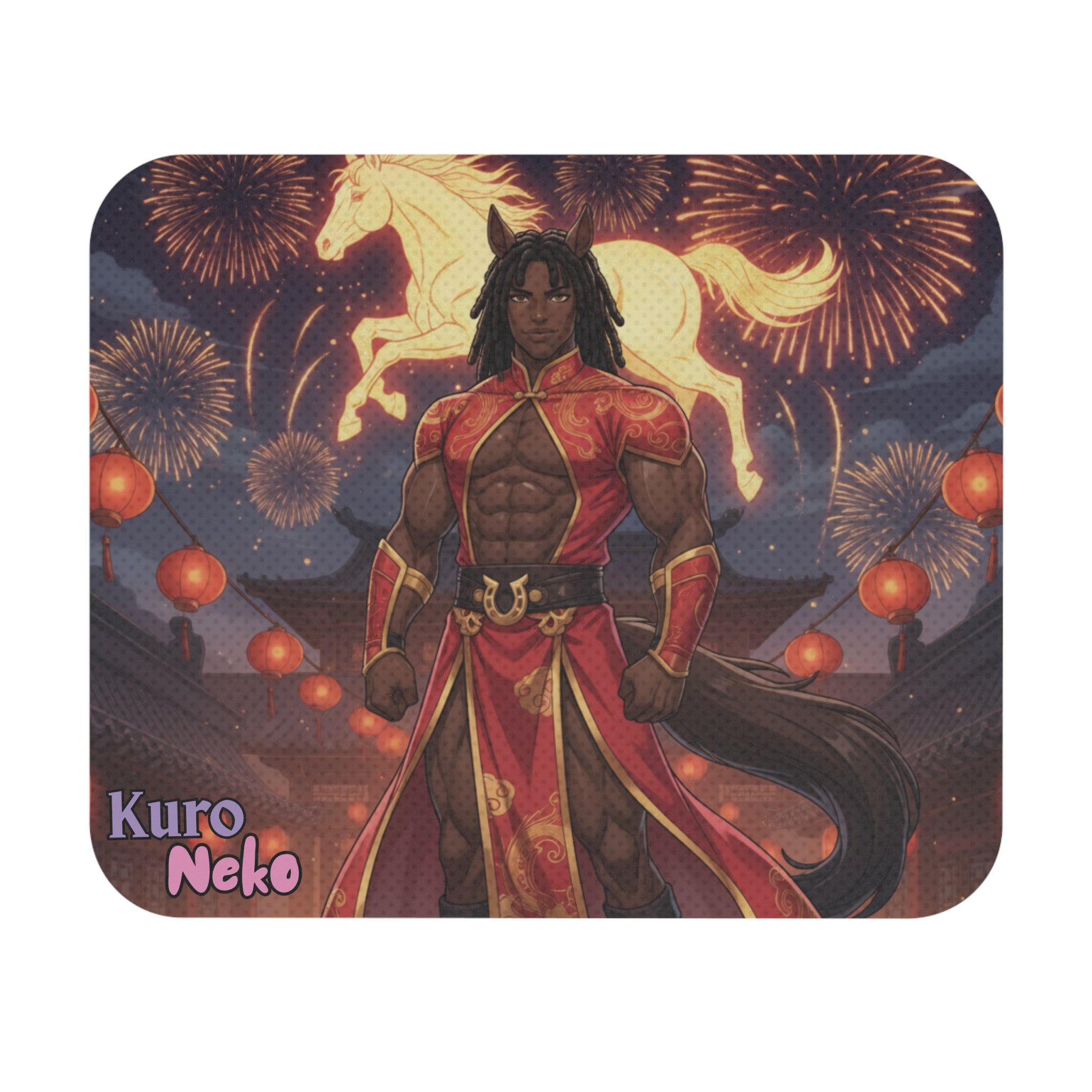 Tapis de souris Anime RYO avec un personnage musclé en costume traditionnel et un cheval sous des feux d'artifice.