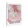 Toile Mate Anime AIKO représentant un ange avec des ailes blanches sur un fond rose, design romantique.