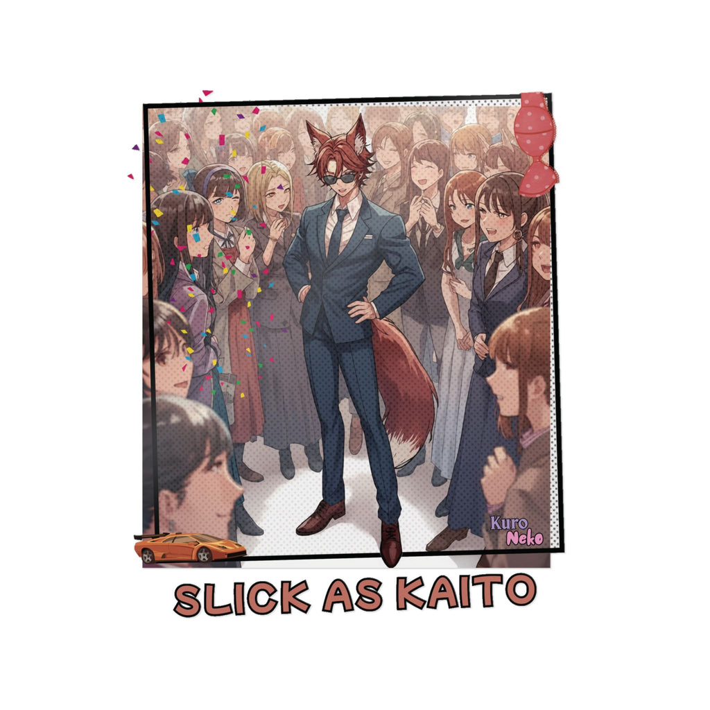Sticker Die-Cut Anime KAITO représentant un renard en costume avec un groupe de personnes en arrière-plan.