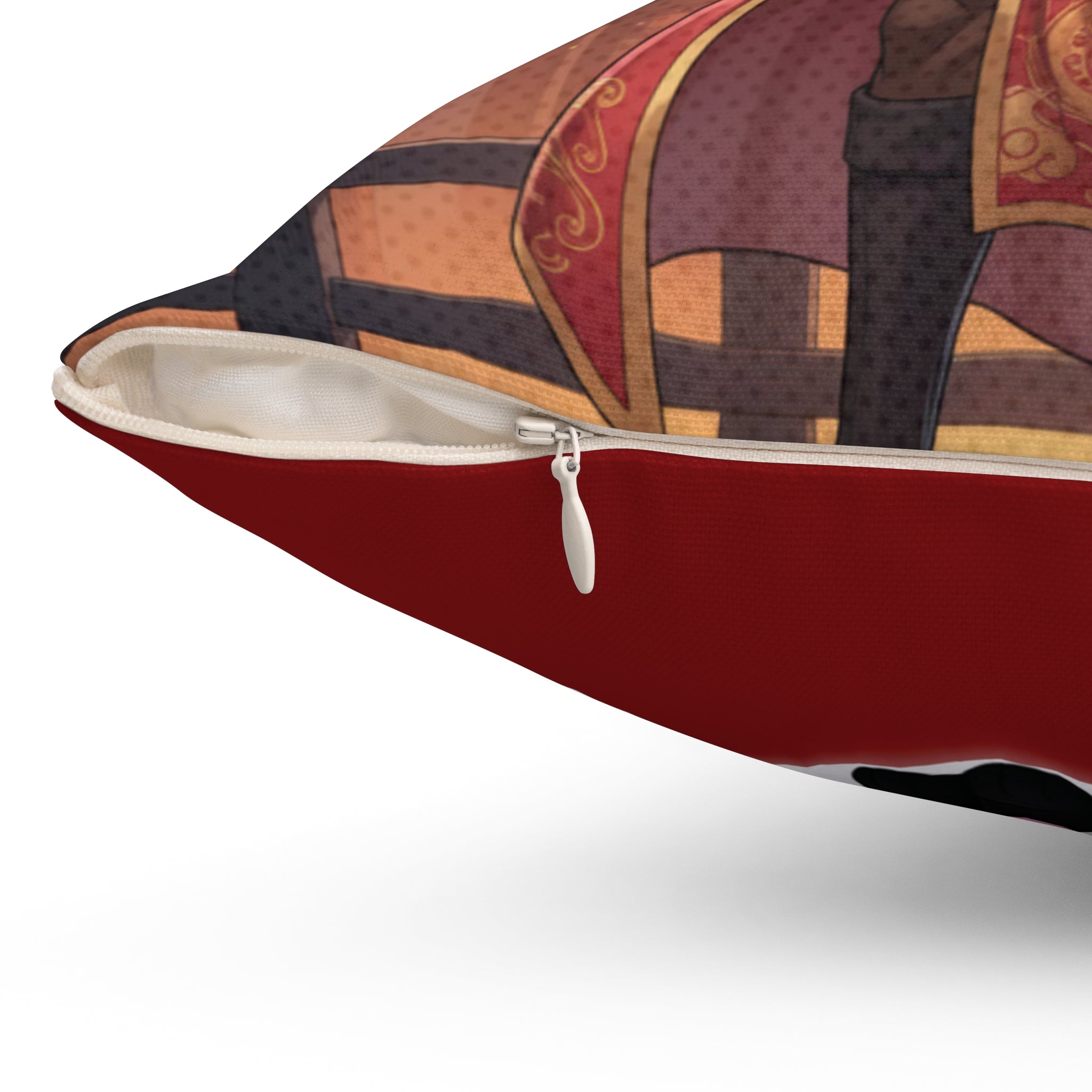 Coussin Carré Anime RYO avec motif du Zodiaque Cheval, vue de la fermeture éclair et du design élégant.