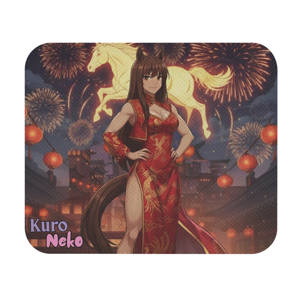 Tapis de souris Anime AKARI avec Akari en robe traditionnelle et un cheval, décoré de feux d'artifice.