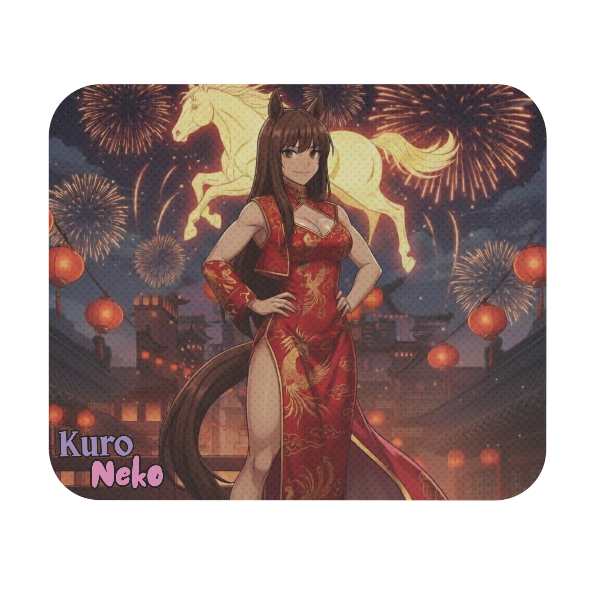 Tapis de souris Anime AKARI avec Akari en robe traditionnelle et un cheval, décoré de feux d'artifice.