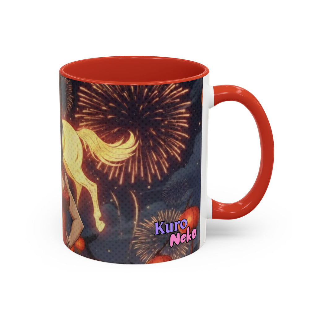 Mug Anime AKARI avec un design de cheval de feu et des feux d'artifice, parfait pour les fans d'anime.