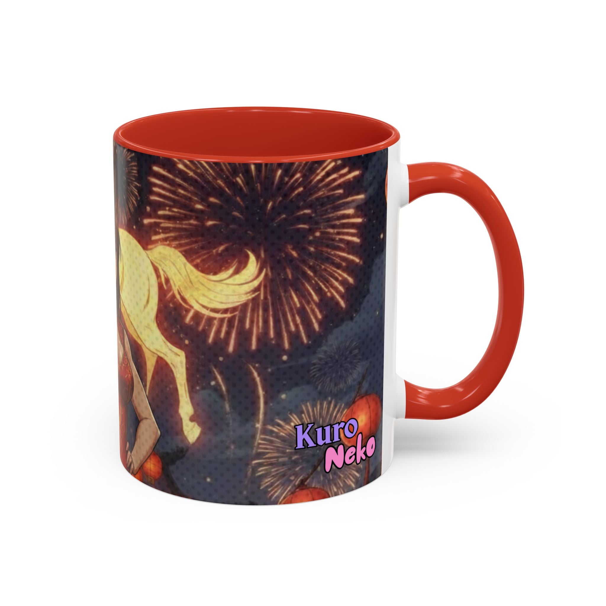 Mug Anime AKARI avec un design de cheval de feu et des feux d'artifice, parfait pour les fans d'anime.
