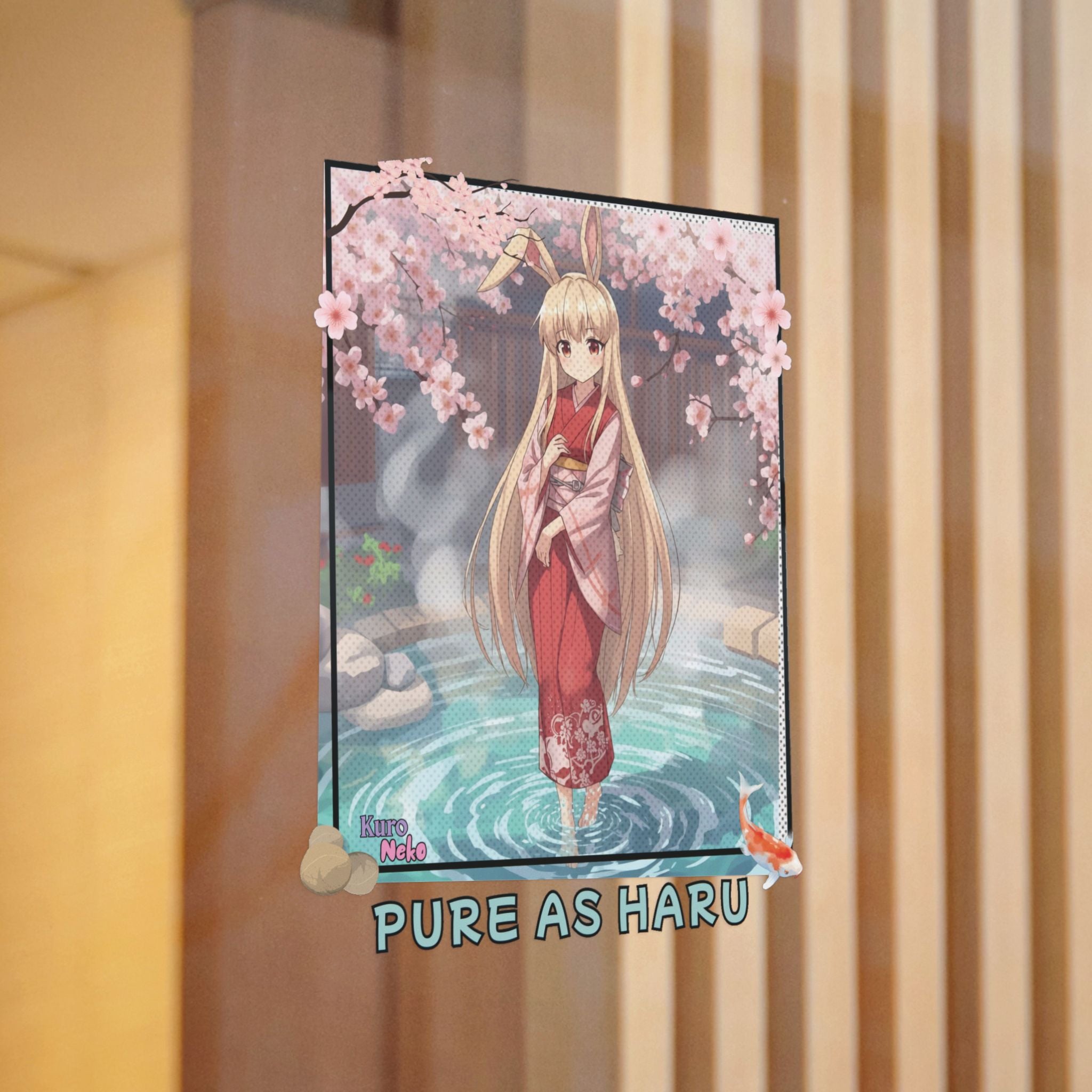Sticker Die-Cut Anime HARU avec design de lapine dans un paysage onsen et cerisiers en fleurs.