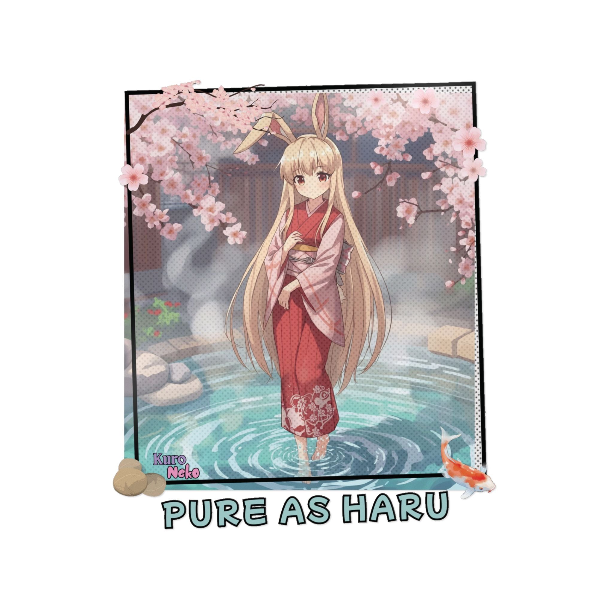 Sticker Die-Cut Anime HARU avec une muse lapine élégante sous les cerisiers en fleurs près d'une source onsen.
