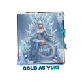 sticker anime yuki - dragonne kemonomimi hivernale assise sur glace avec cape bleue et cornet givré - winter yuki sticker pour laptop et gadets