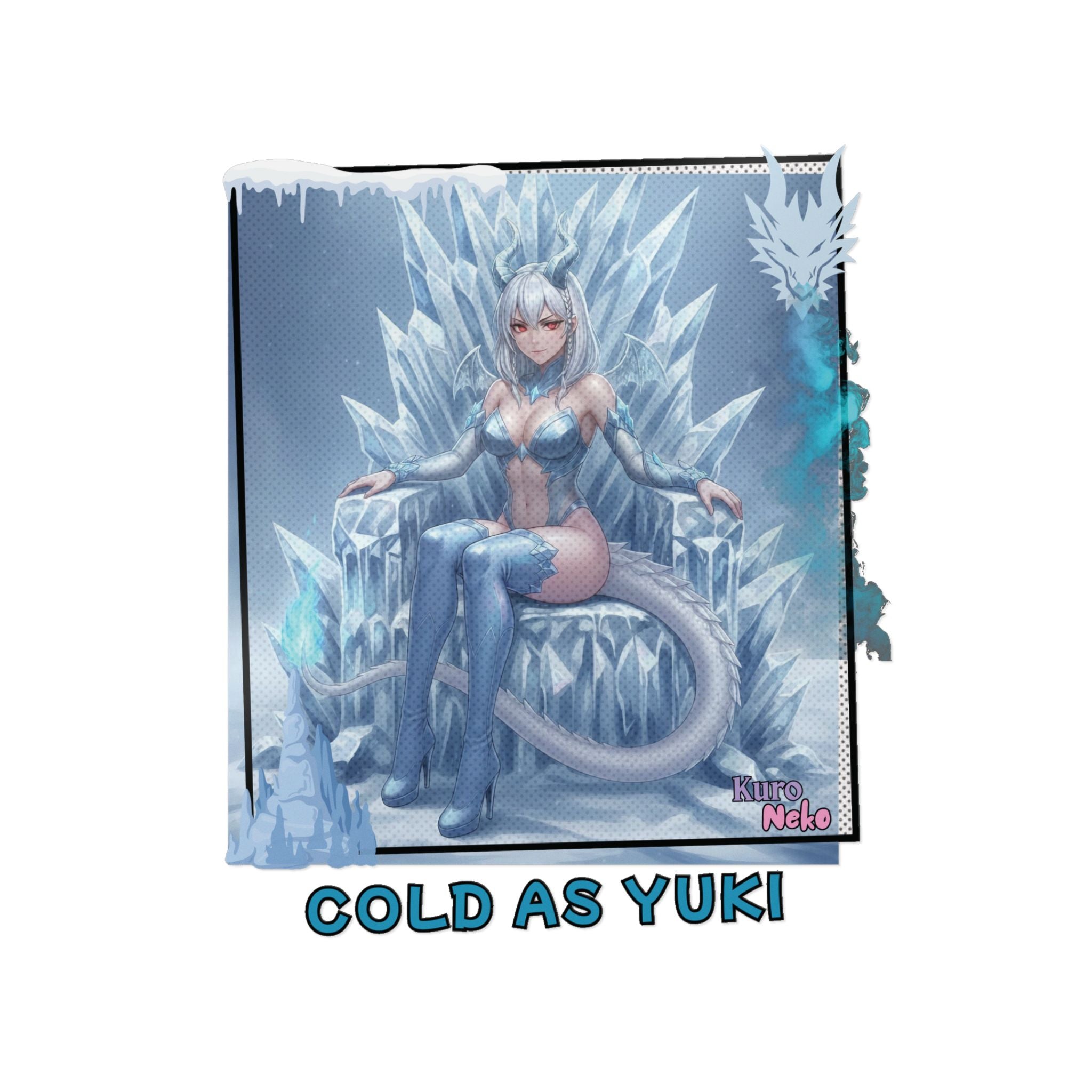 sticker anime yuki - dragonne kemonomimi hivernale assise sur glace avec cape bleue et cornet givré - winter yuki sticker pour laptop et gadets