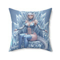 Coussin Carré Anime YUKI représentant une dragonne majestueuse sur un trône de glace, idéale pour la décoration d'intérieur.