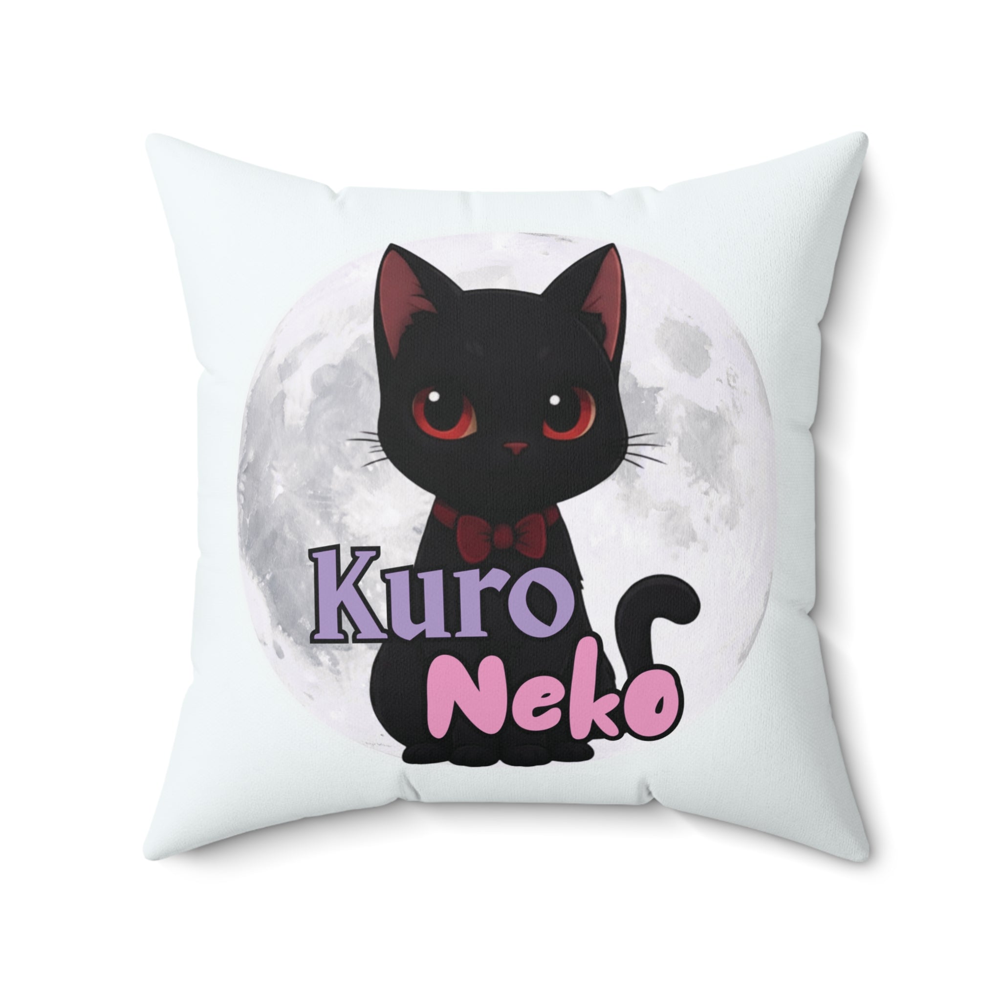 Coussin Carré Anime YUKI avec un chat noir Kuro Neko devant une pleine lune